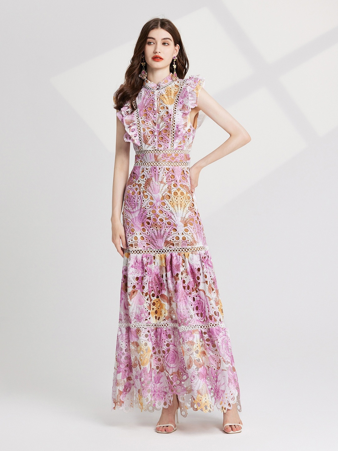Pink Embroidery Hollow-Out Collar Maxi Dress
