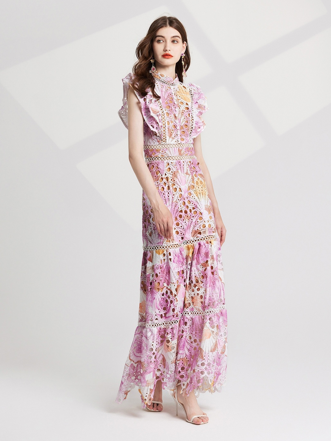 Pink Embroidery Hollow-Out Collar Maxi Dress