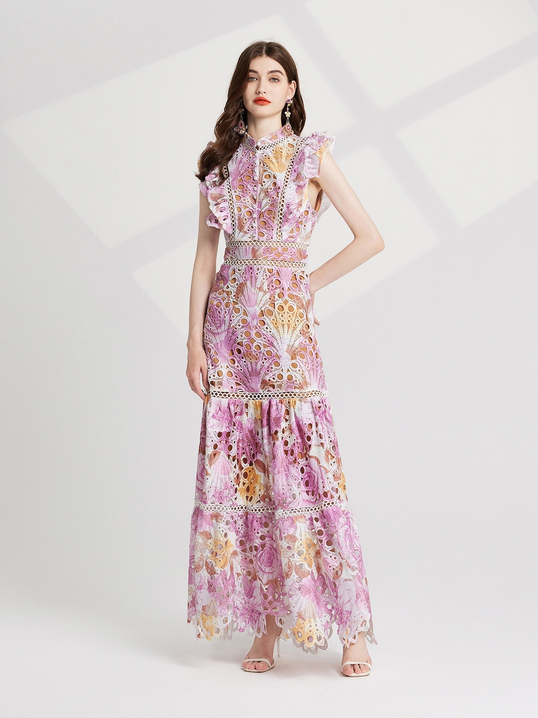 Pink Embroidery Hollow-Out Collar Maxi Dress