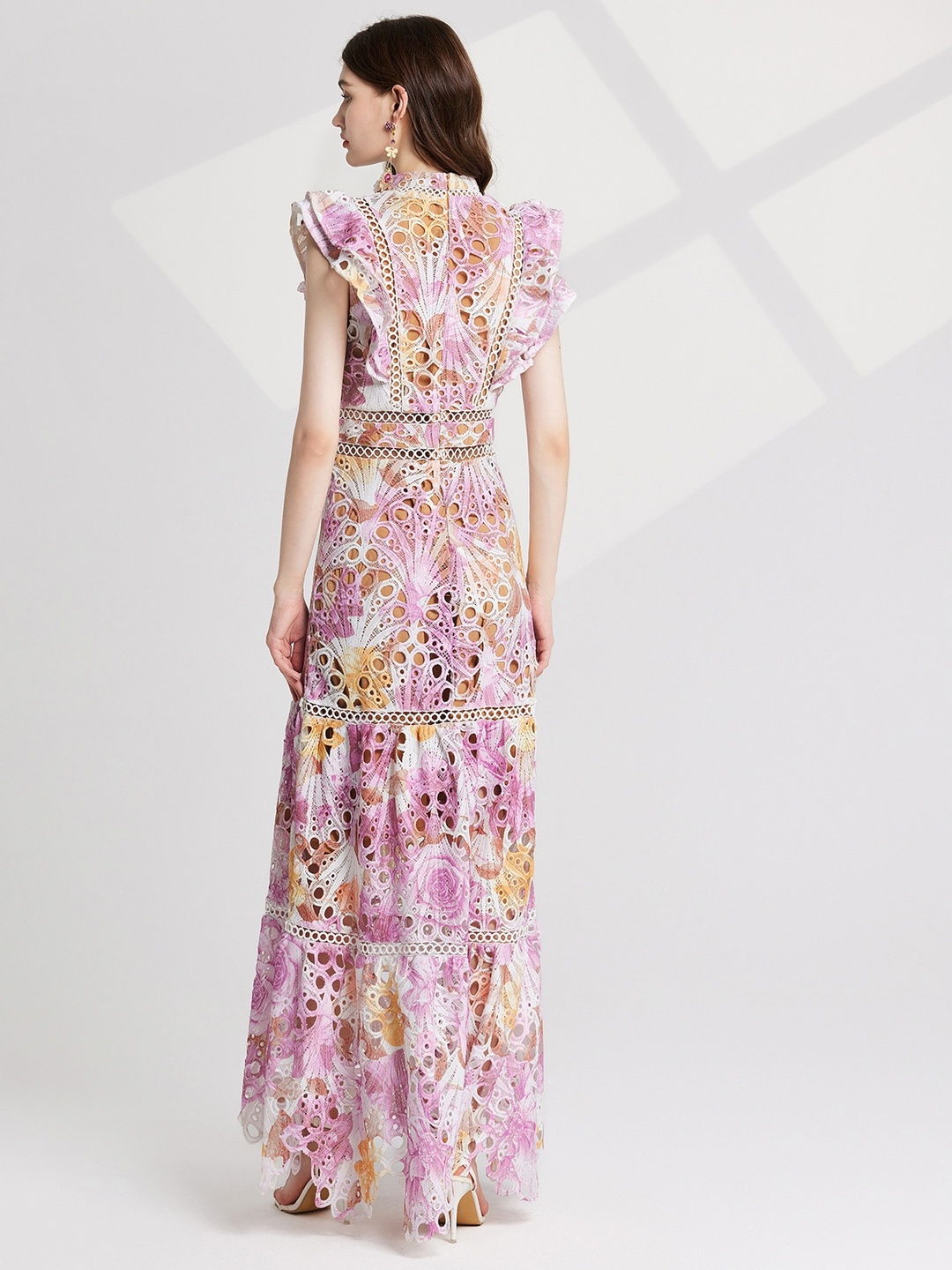Pink Embroidery Hollow-Out Collar Maxi Dress