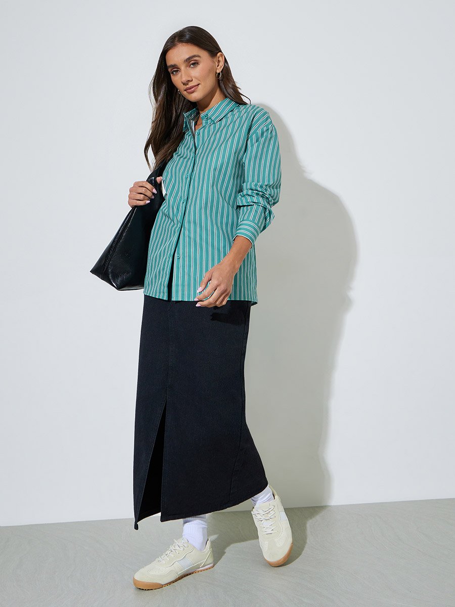 Green Striped Long Sleeves Oversized Shirt