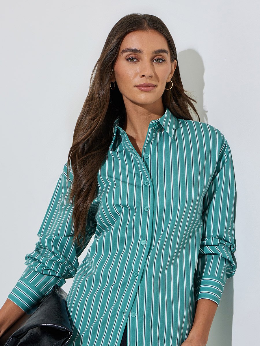 Green Striped Long Sleeves Oversized Shirt