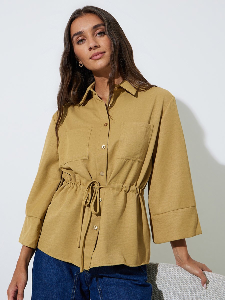Yellow Drawstring Waist Pocket Detail Relaxed Fit Shirt 