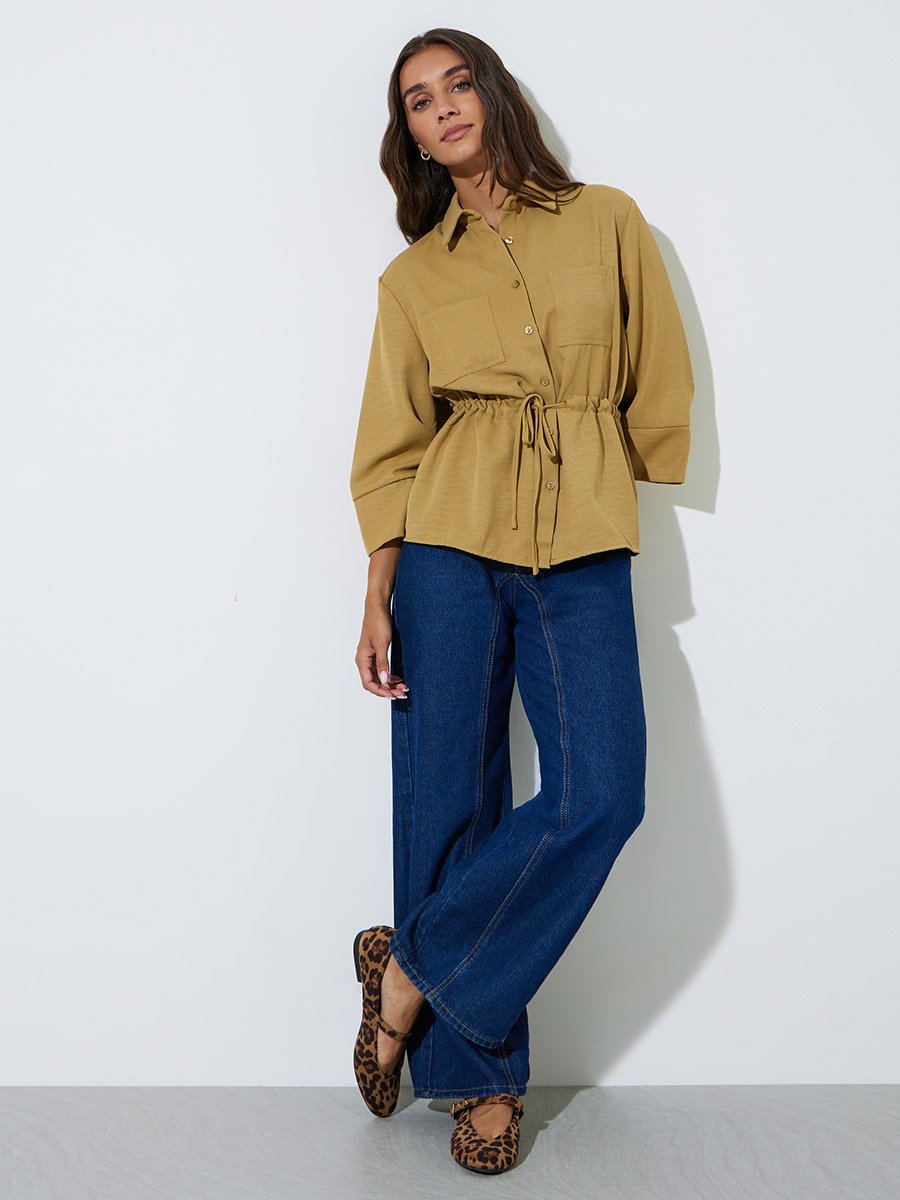Yellow Drawstring Waist Pocket Detail Relaxed Fit Shirt 