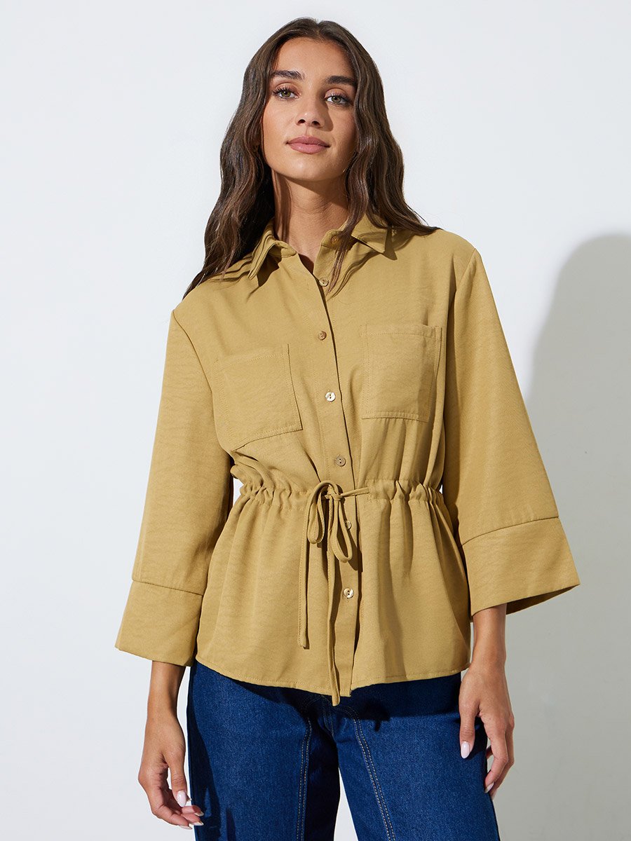 Yellow Drawstring Waist Pocket Detail Relaxed Fit Shirt 