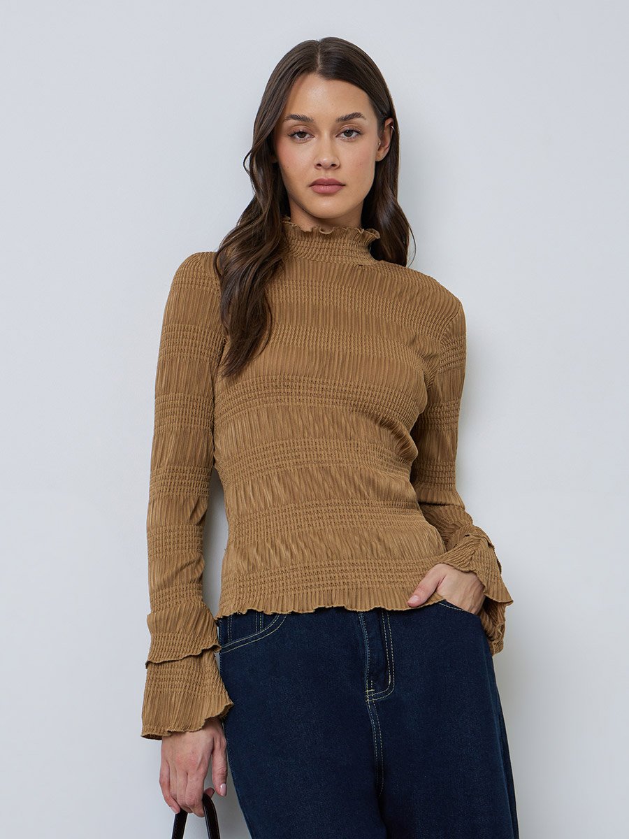 Brown High Neck Textured Knit Top