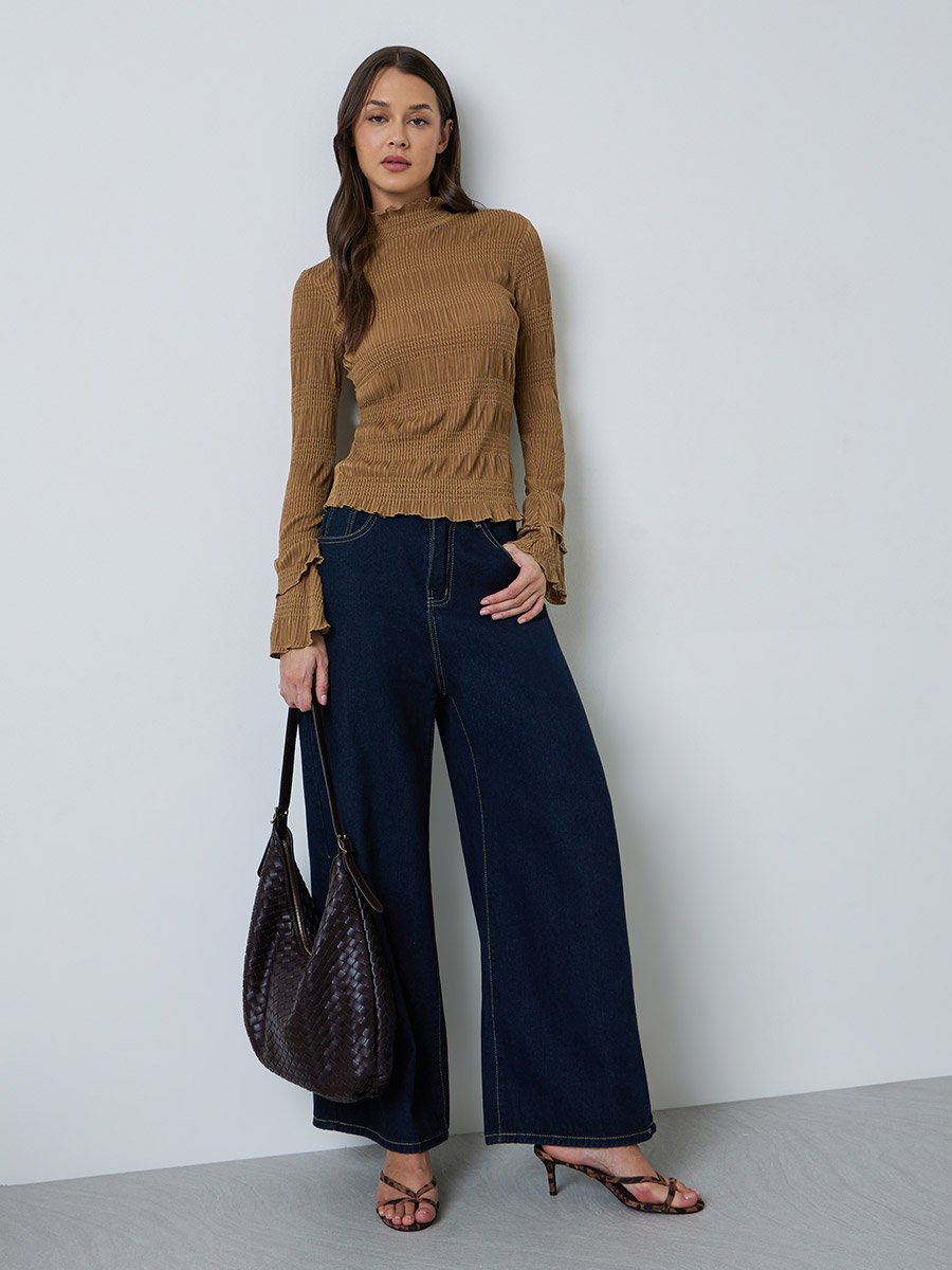 Brown High Neck Textured Knit Top