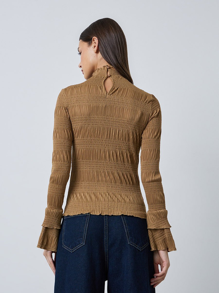 Brown High Neck Textured Knit Top