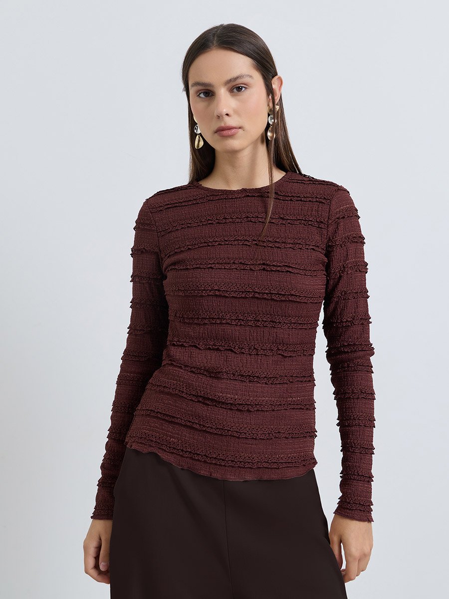 Brown Fitted Textured Knit Top