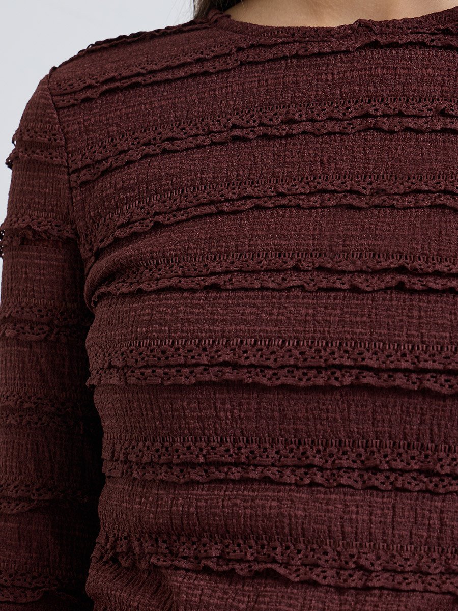 Brown Fitted Textured Knit Top