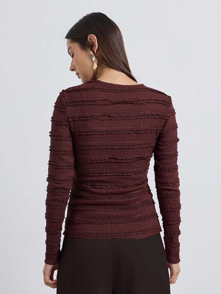 Brown Fitted Textured Knit Top