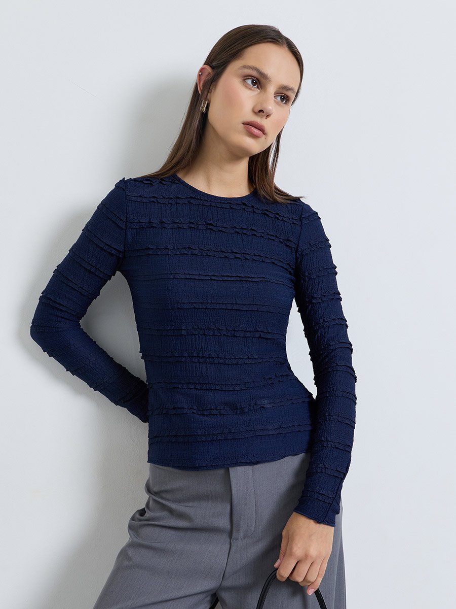 Navy Blue Fitted Textured Knit Top