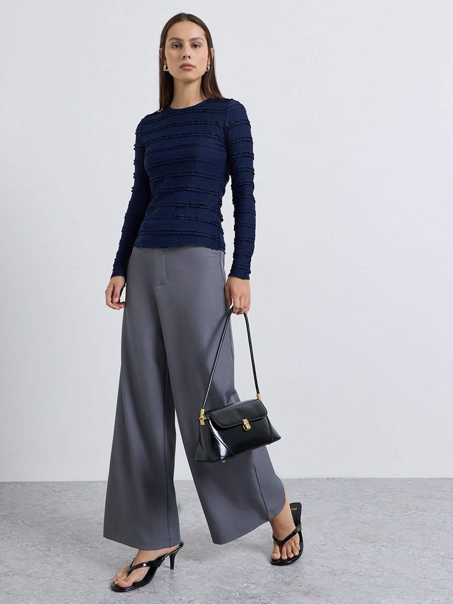 Navy Blue Fitted Textured Knit Top