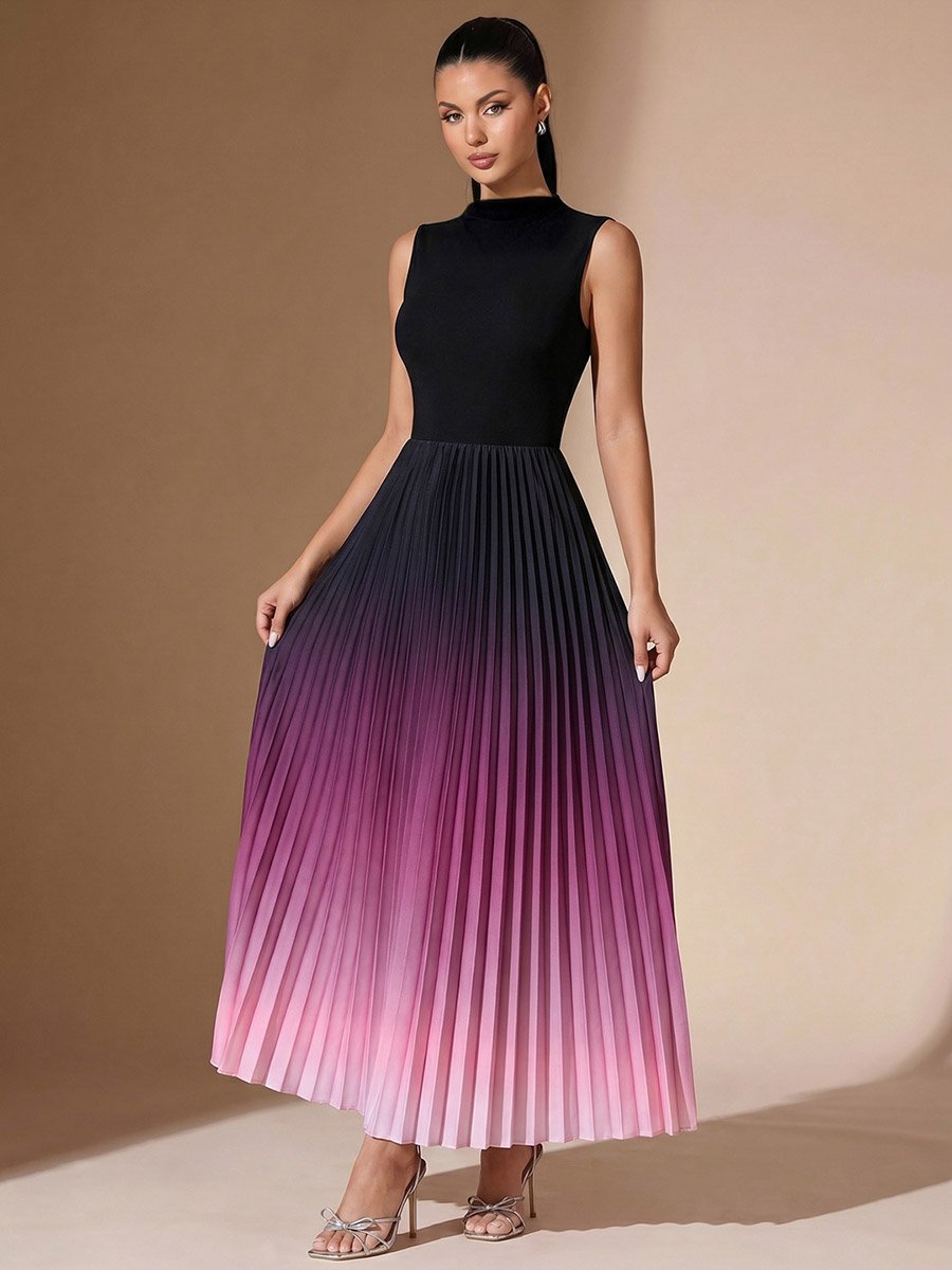 Black Ombre Pleated A-Line Maxi Dress
