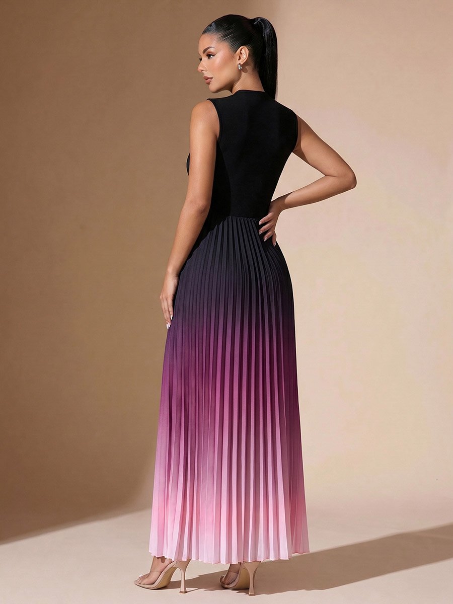 Black Ombre Pleated A-Line Maxi Dress