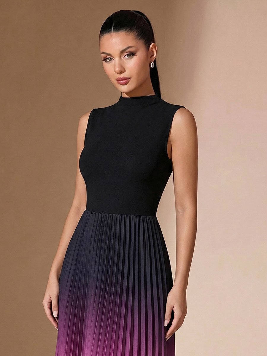Black Ombre Pleated A-Line Maxi Dress