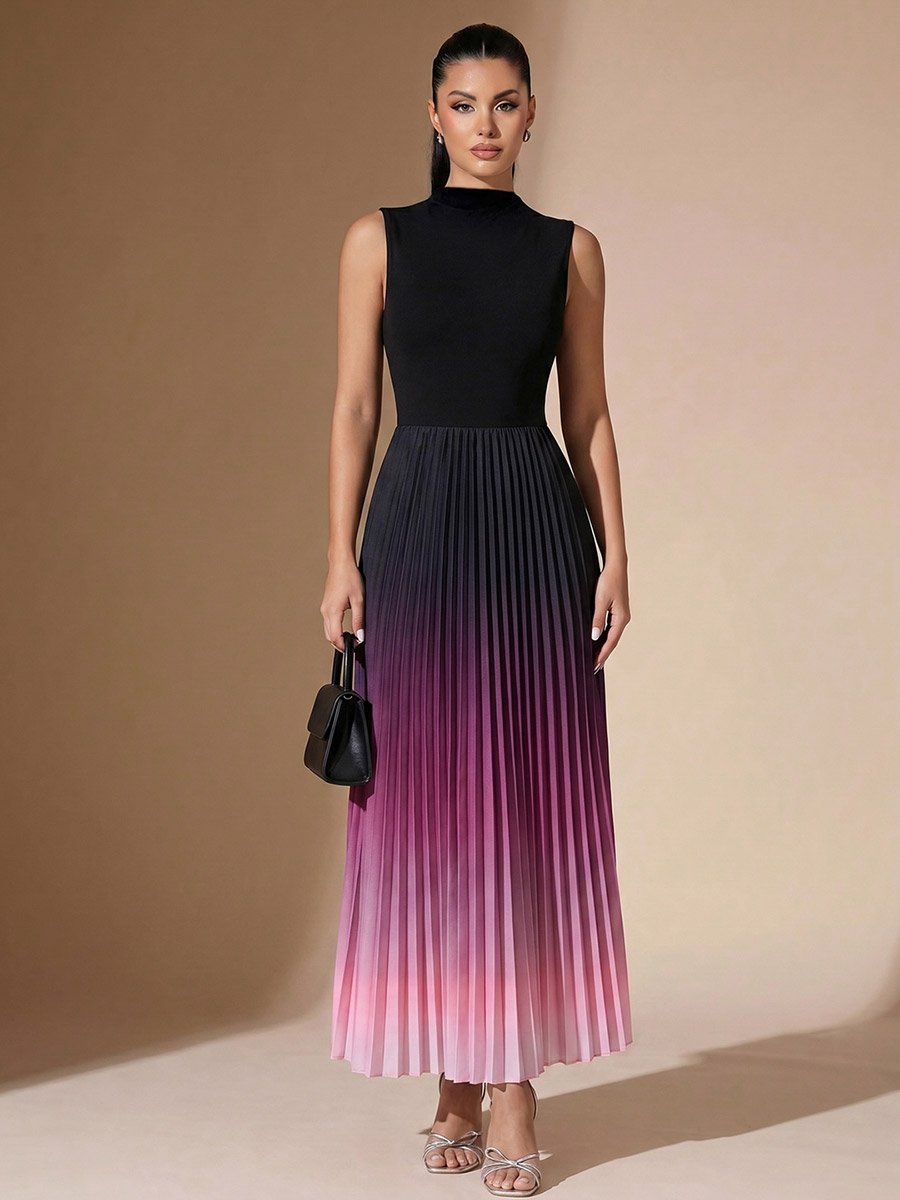 Black Ombre Pleated A-Line Maxi Dress