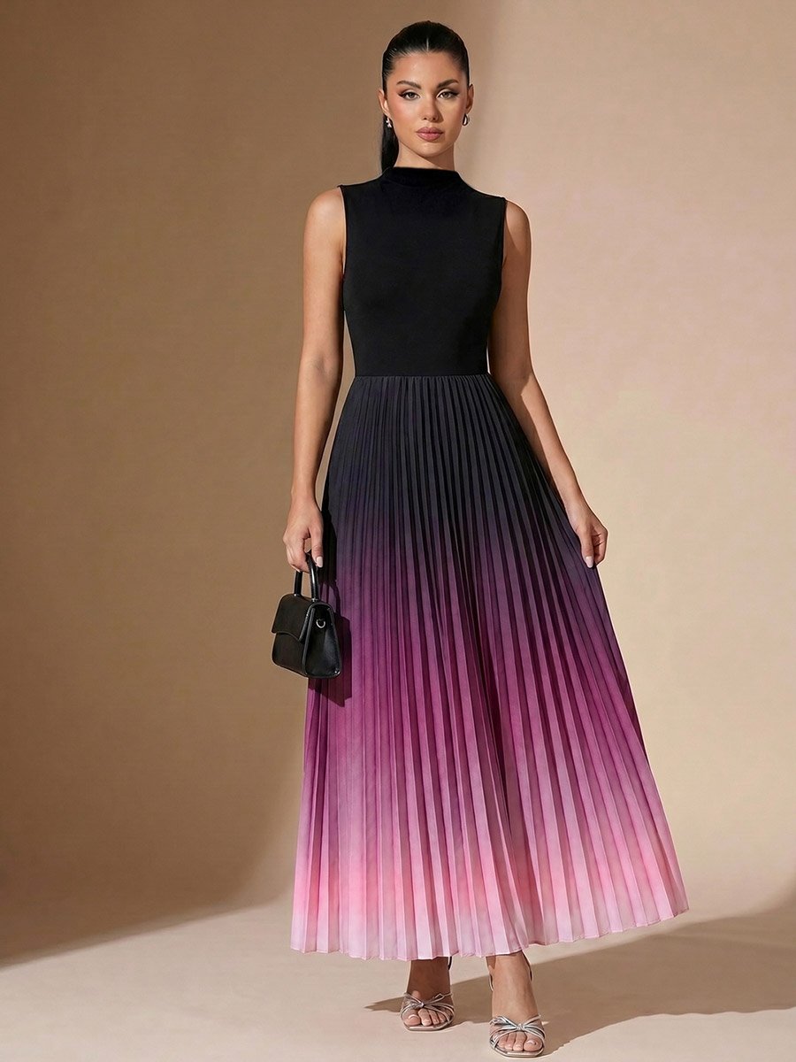 Black Ombre Pleated A-Line Maxi Dress