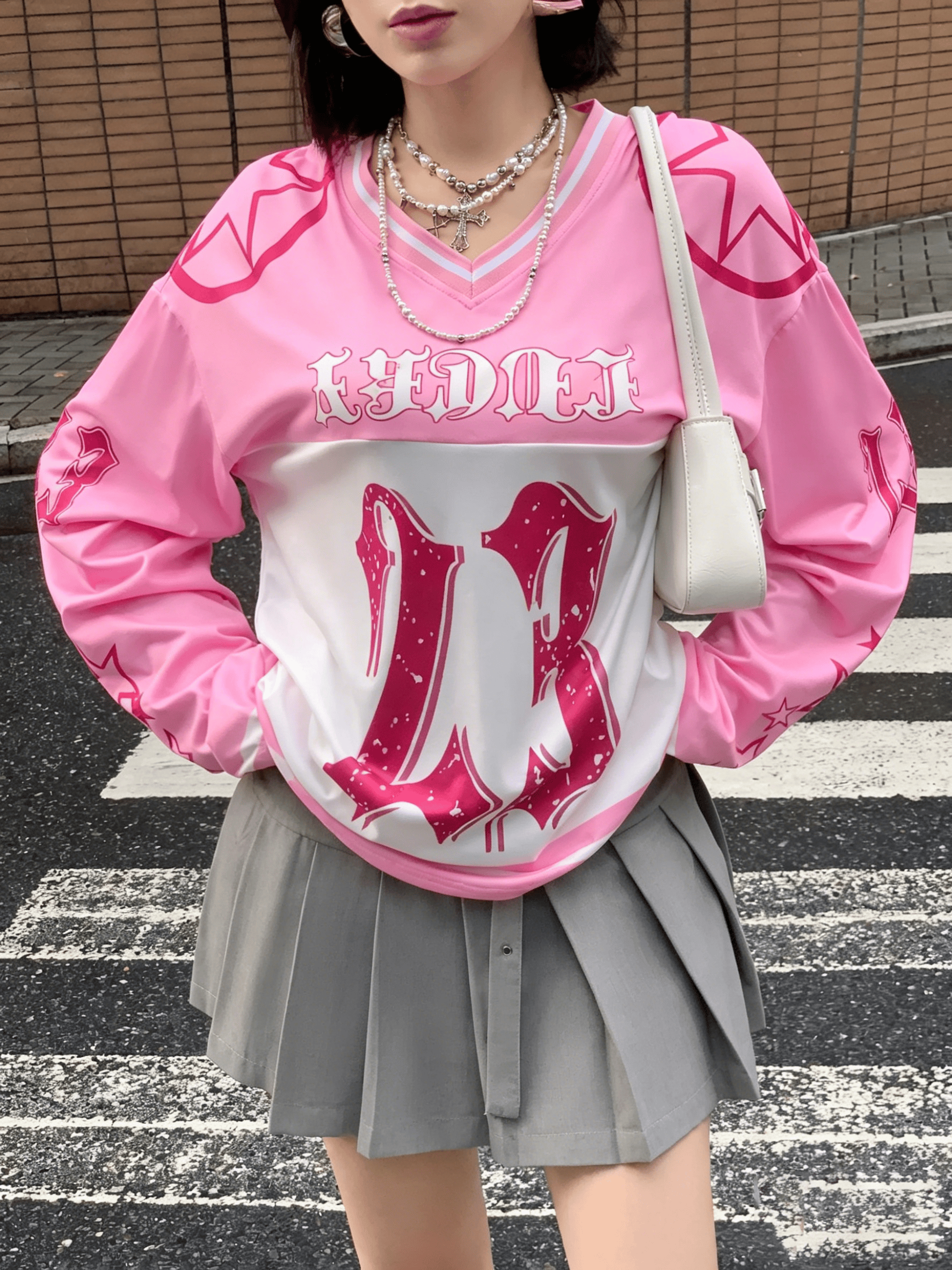 Pink V Neck Graphic Long Sleeve T-Shirt