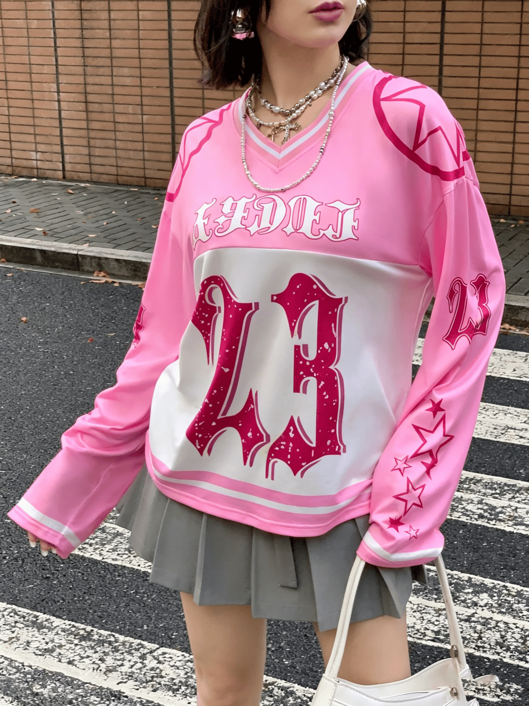 Pink V Neck Graphic Long Sleeve T-Shirt