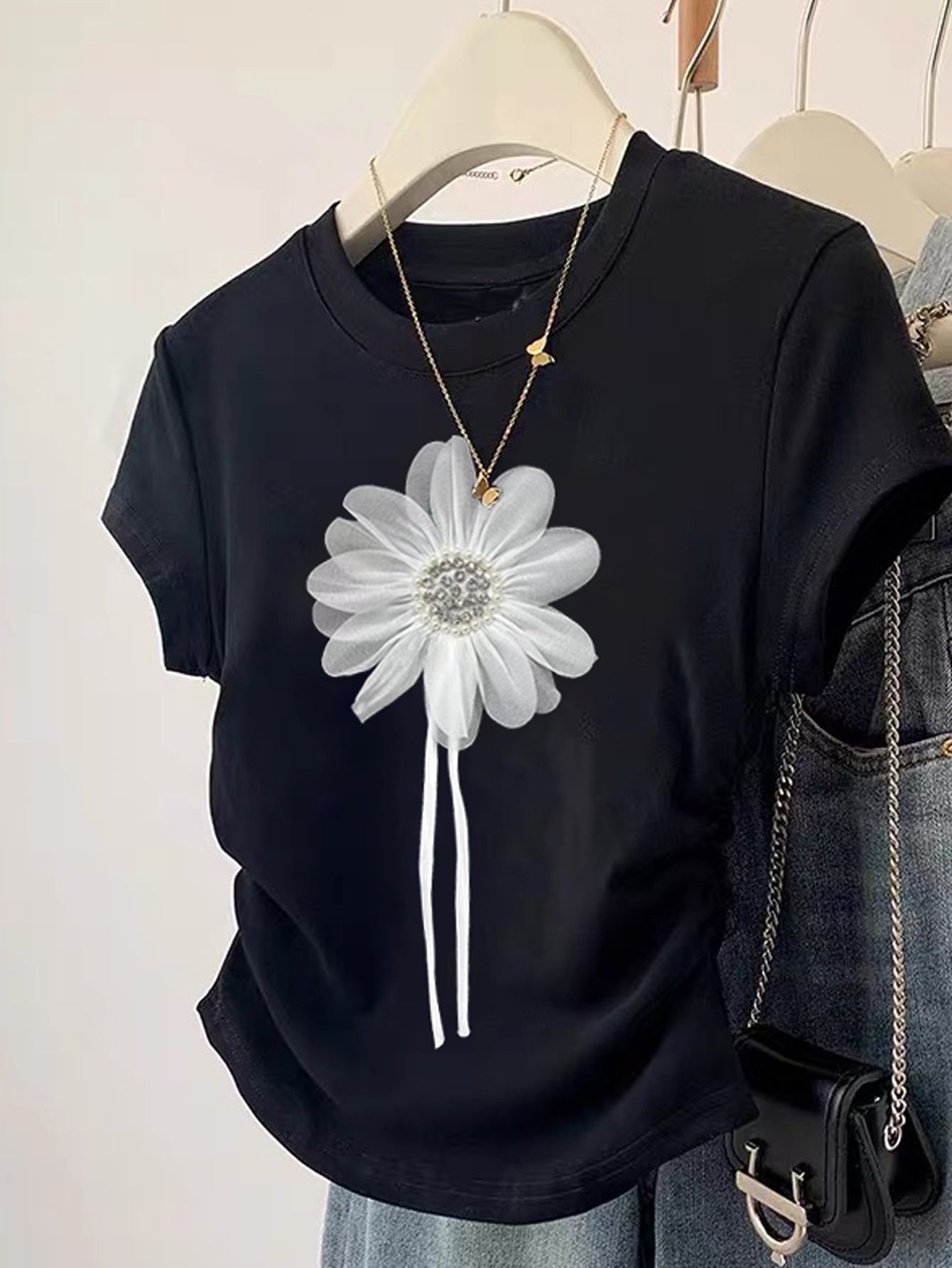Black Floral Applique Round Neck T-Shirt
