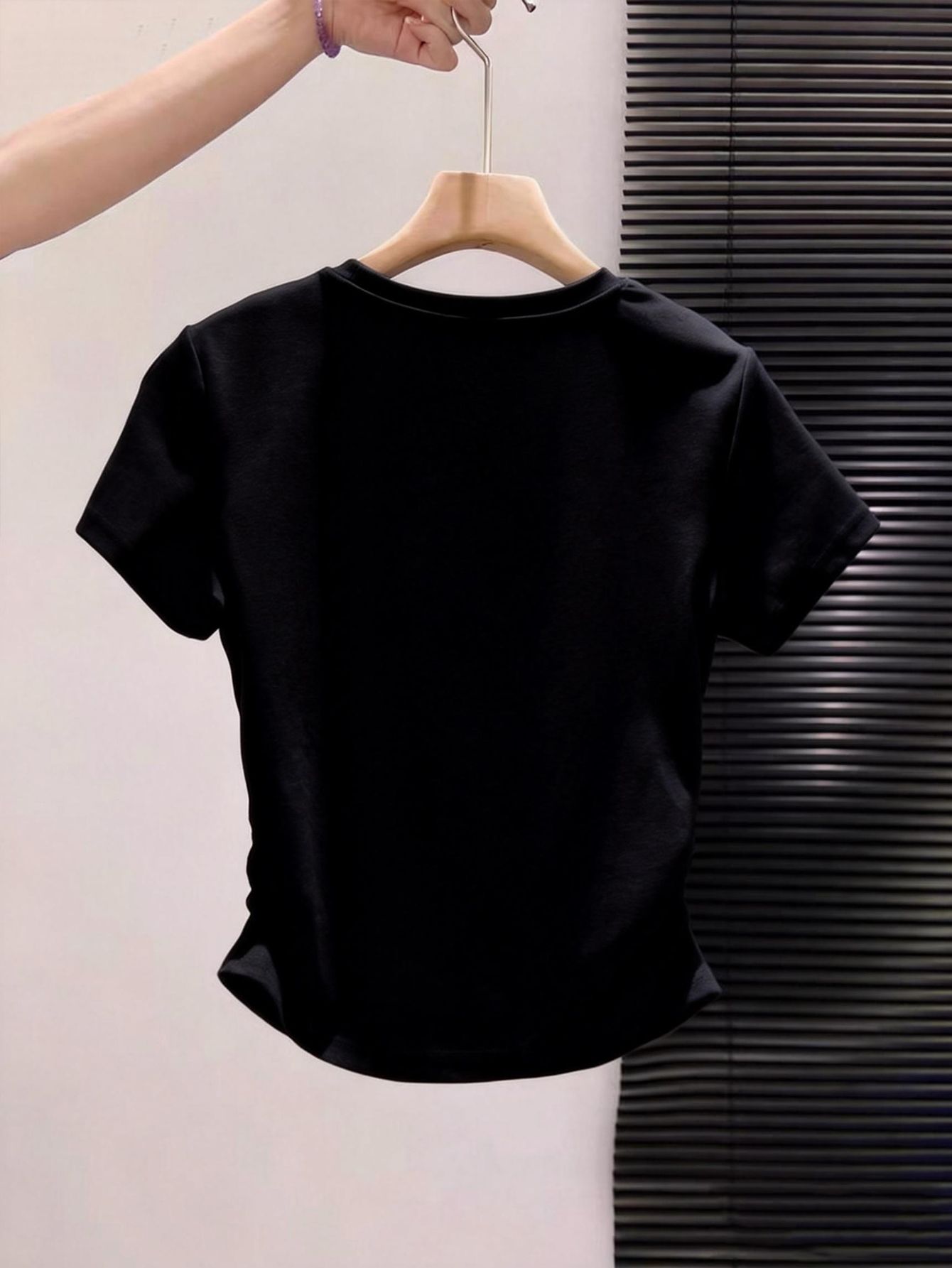 Black Floral Applique Round Neck T-Shirt