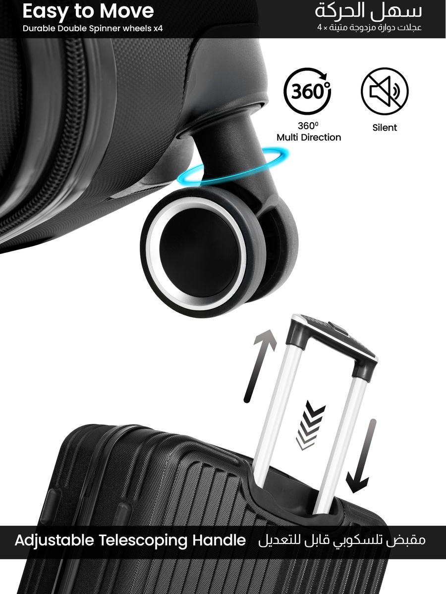 Ridge 2-Piece Luggage Set Lightweight Hard ABS Suitcase with Combination Lock and 8-Spinner Wheels, Black