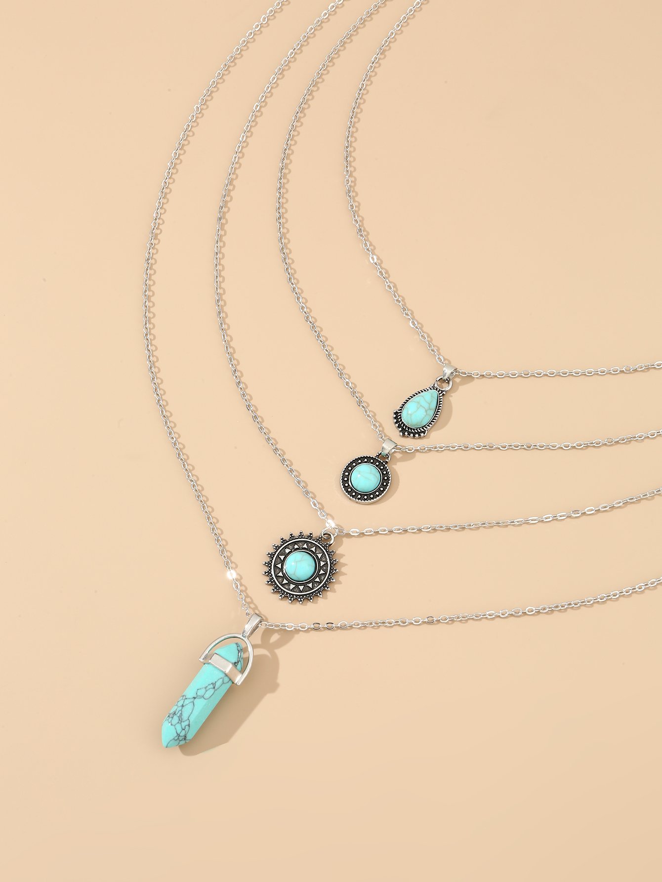 Set of 4 - Faux Turquoise Pendant Necklace