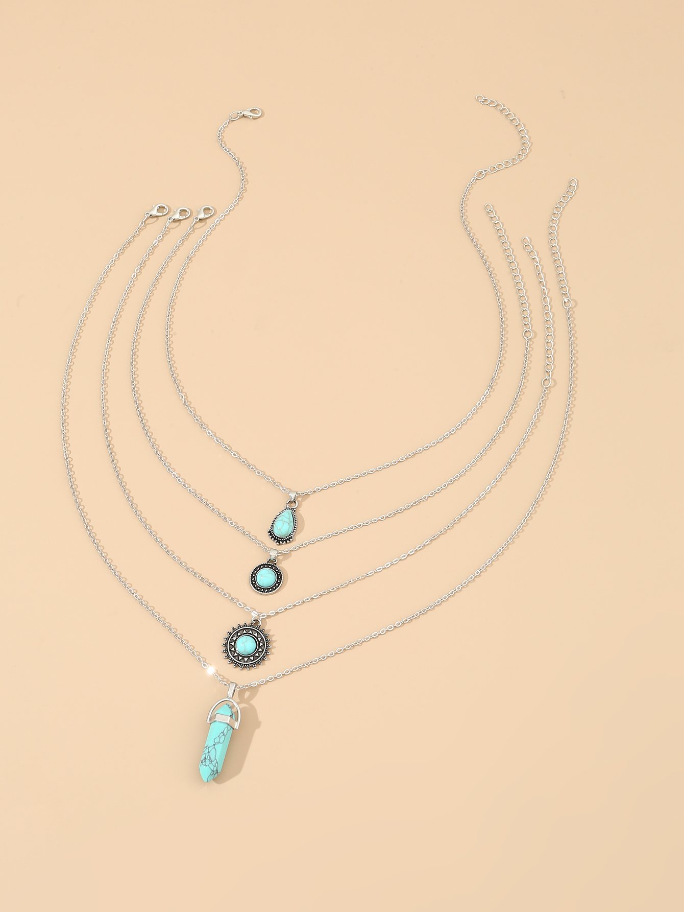 Set of 4 - Faux Turquoise Pendant Necklace