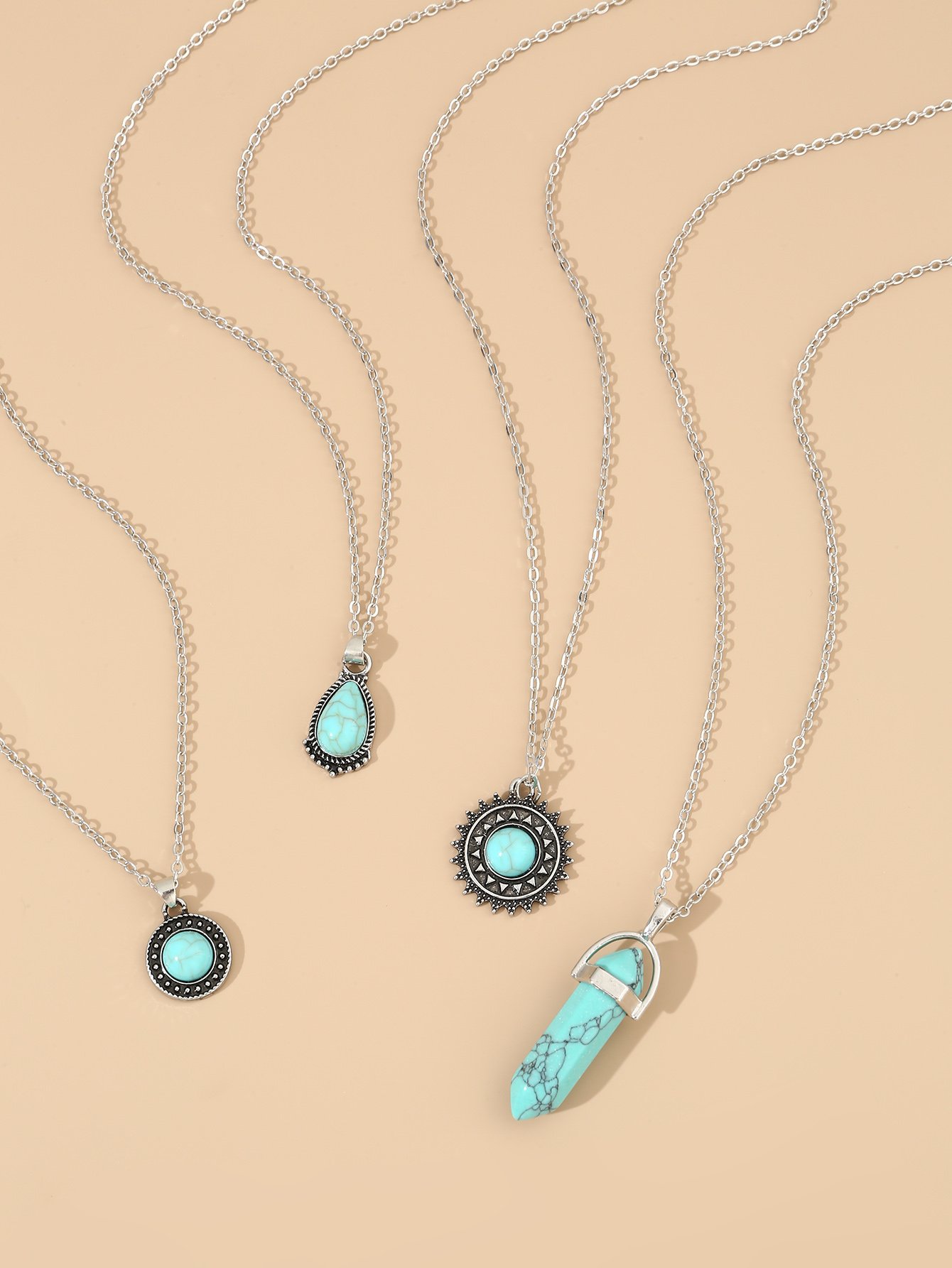 Set of 4 - Faux Turquoise Pendant Necklace