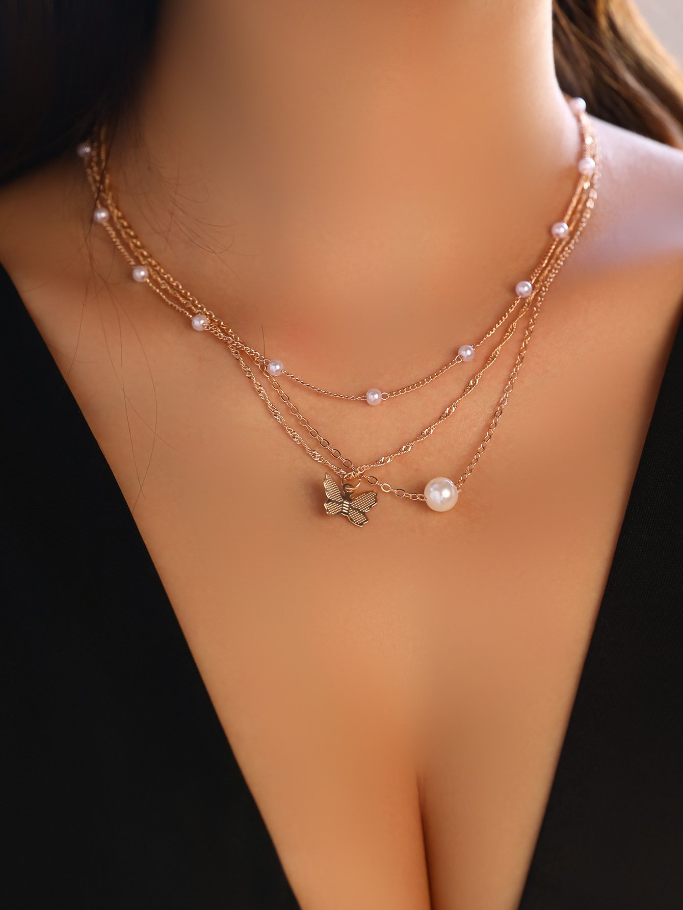 Set of 3 - Faux Pearl and Butterfly Pendant Necklace