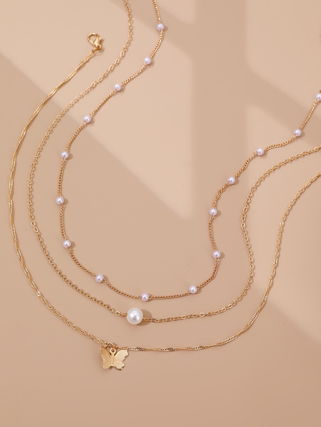Set of 3 - Faux Pearl and Butterfly Pendant Necklace