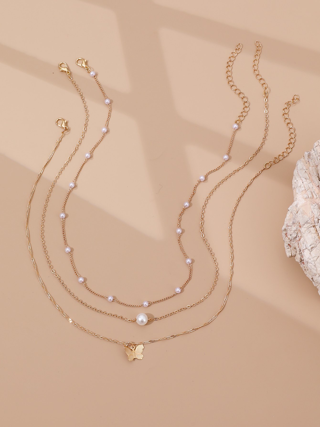 Set of 3 - Faux Pearl and Butterfly Pendant Necklace