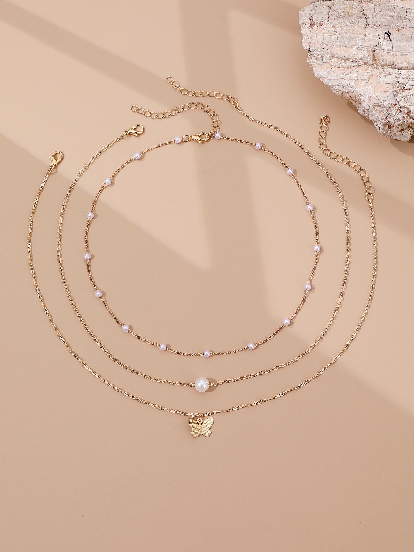 Set of 3 - Faux Pearl and Butterfly Pendant Necklace