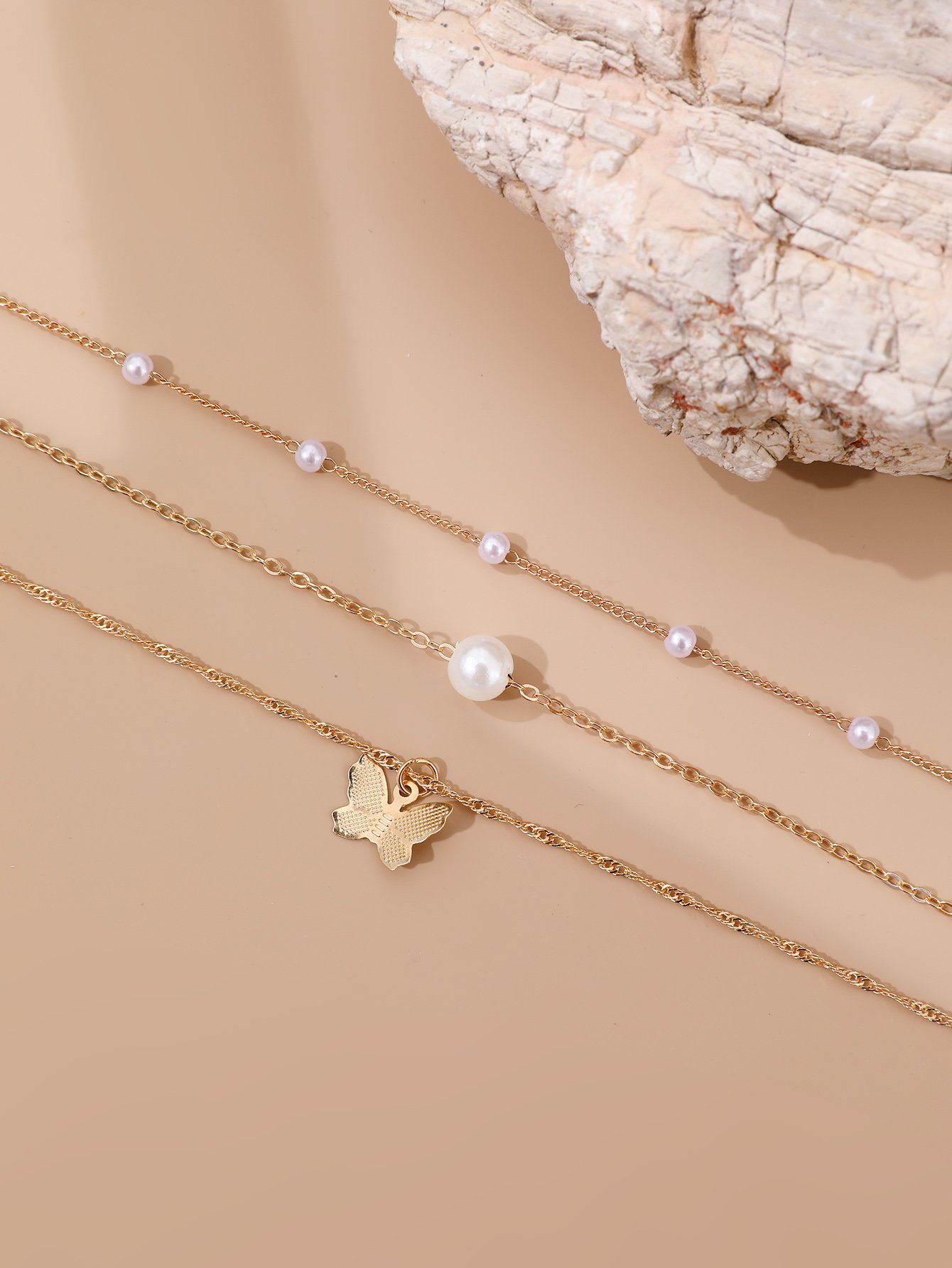 Set of 3 - Faux Pearl and Butterfly Pendant Necklace
