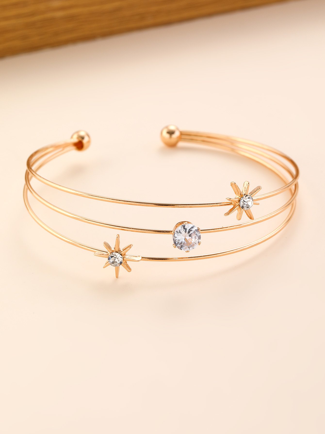 Gold Starburst and Solitaire Bangle Bracelet