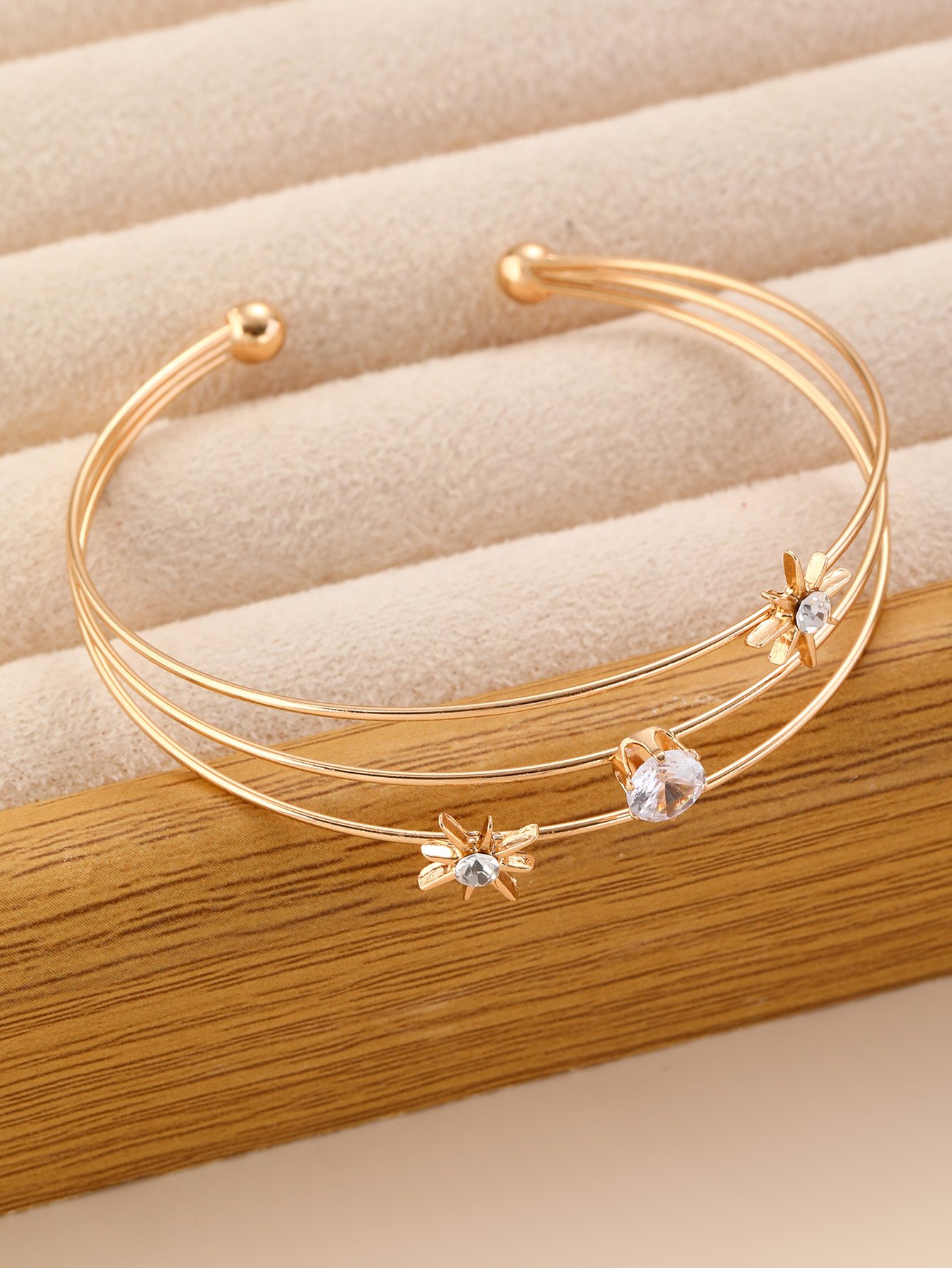 Gold Starburst and Solitaire Bangle Bracelet