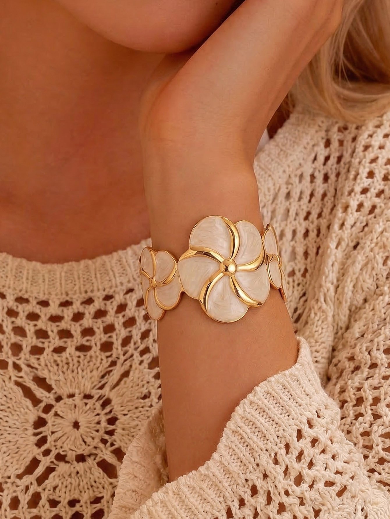Gold and White Floral Cuff Bracelet 