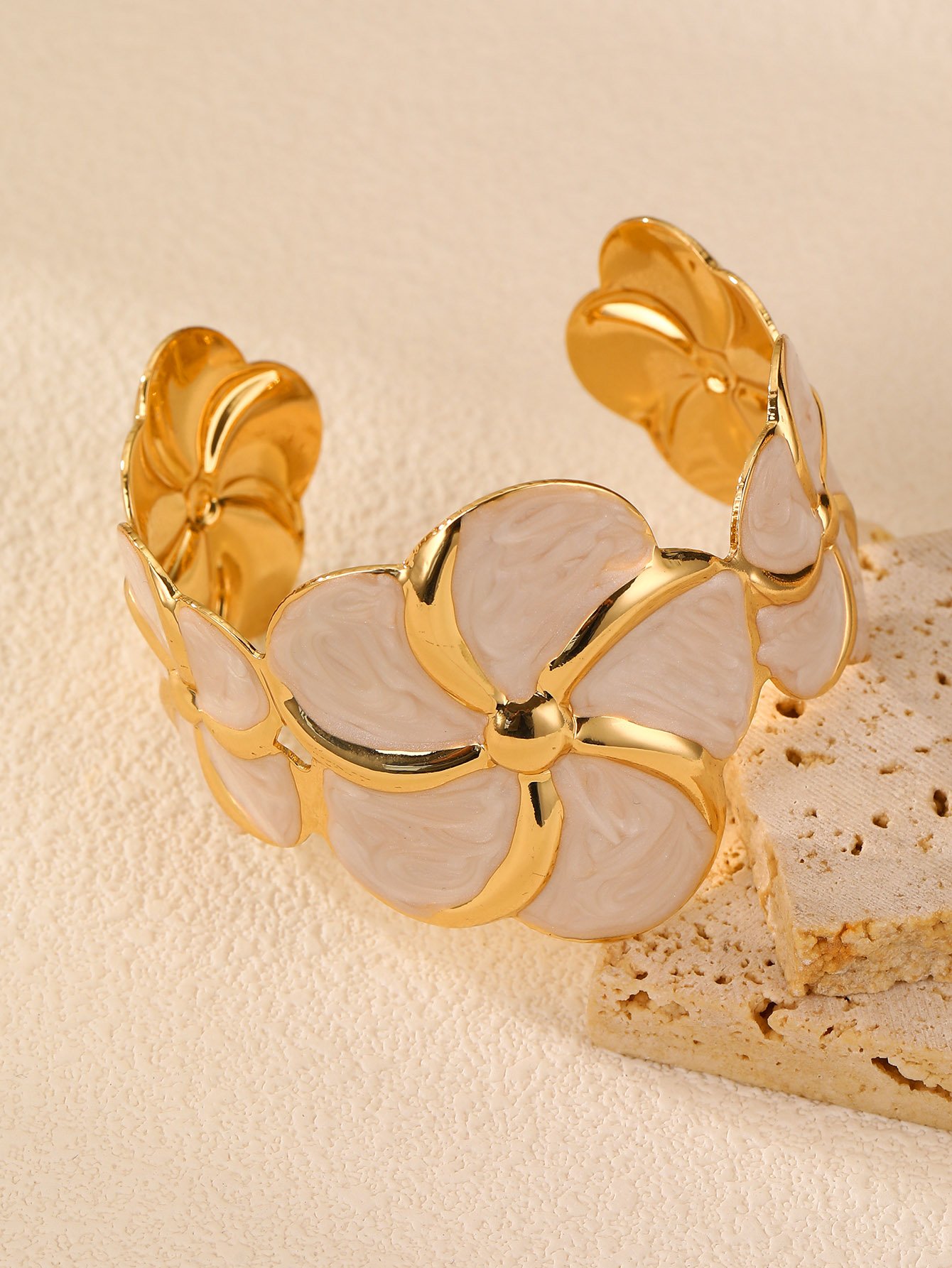 Gold and White Floral Cuff Bracelet 