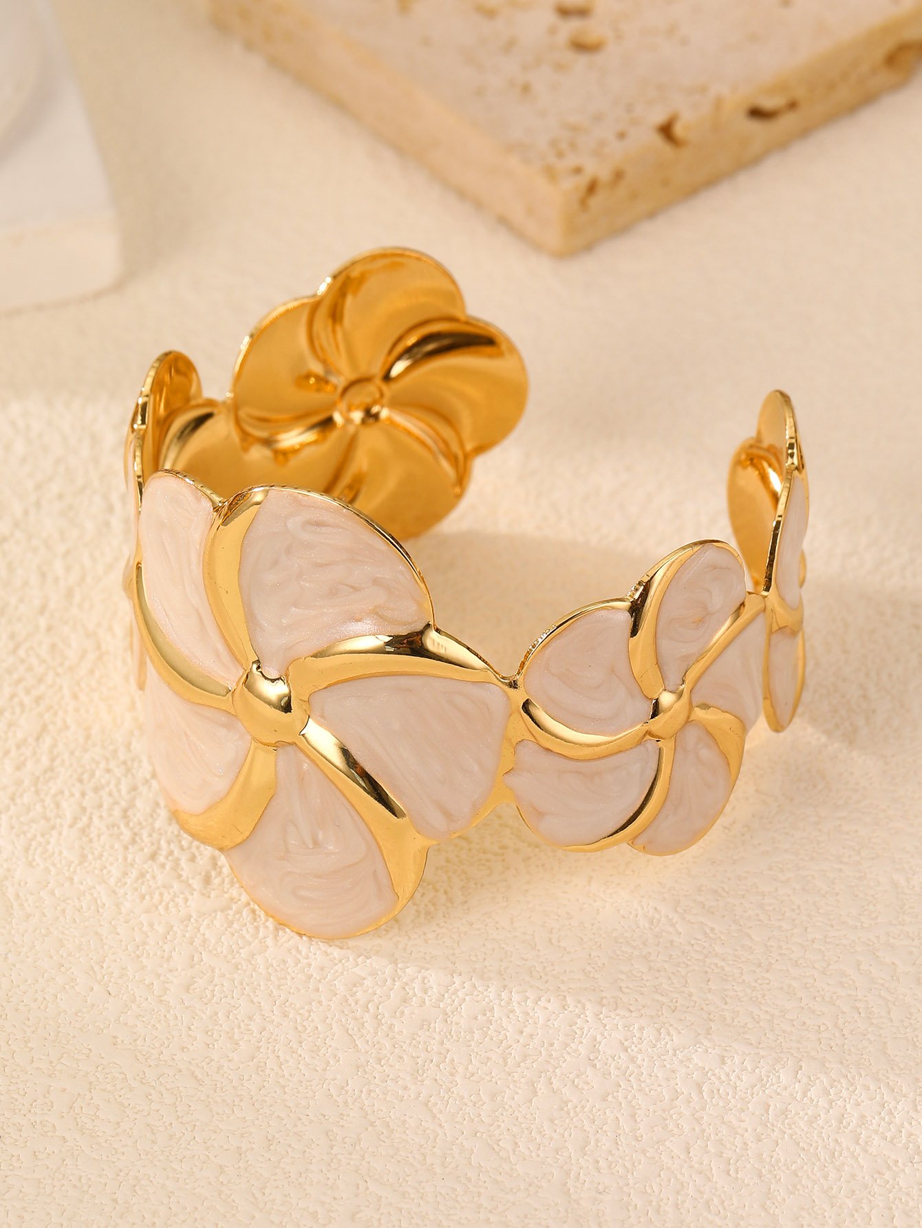 Gold and White Floral Cuff Bracelet 