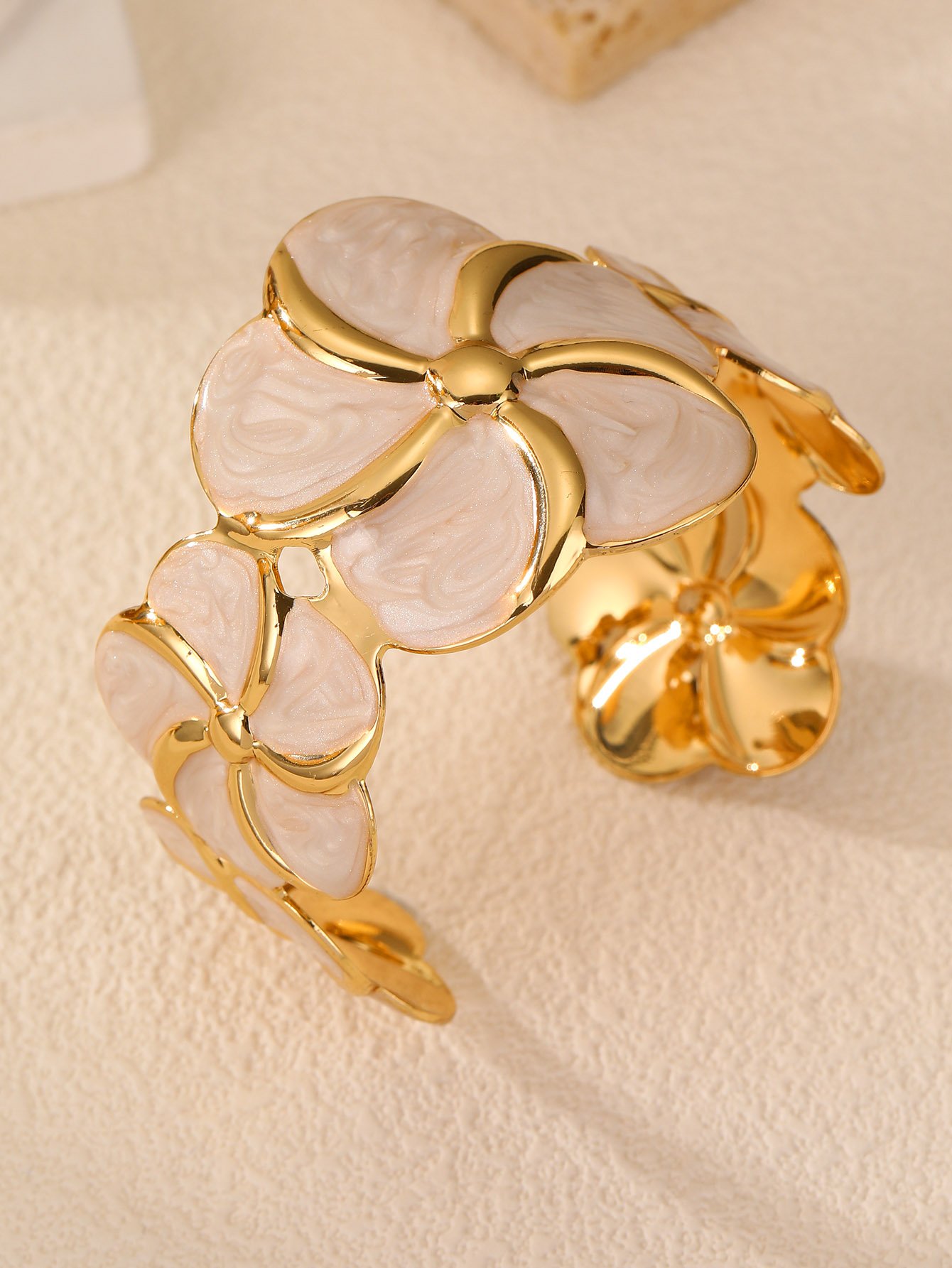Gold and White Floral Cuff Bracelet 