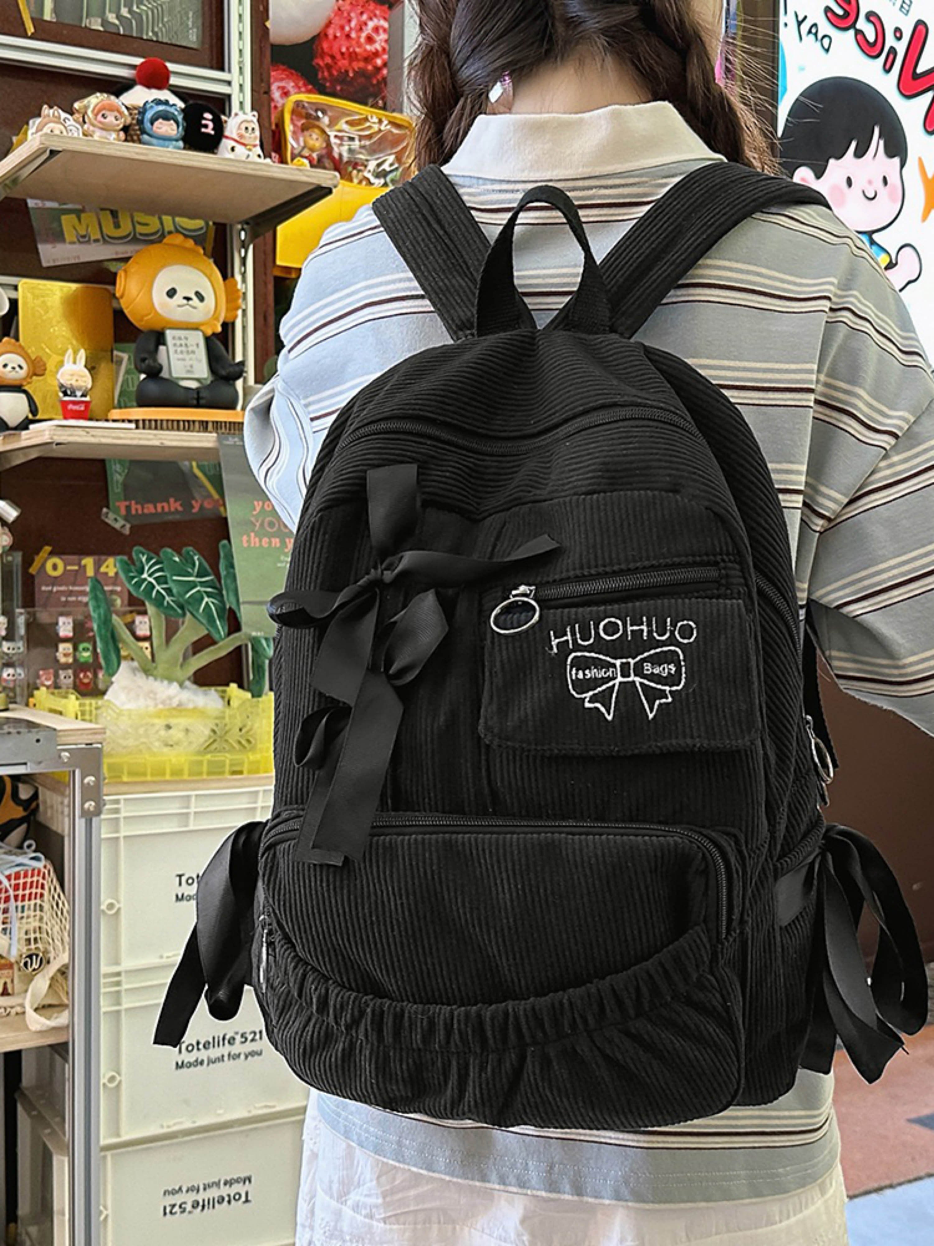 Black Corduroy Bow Backpack