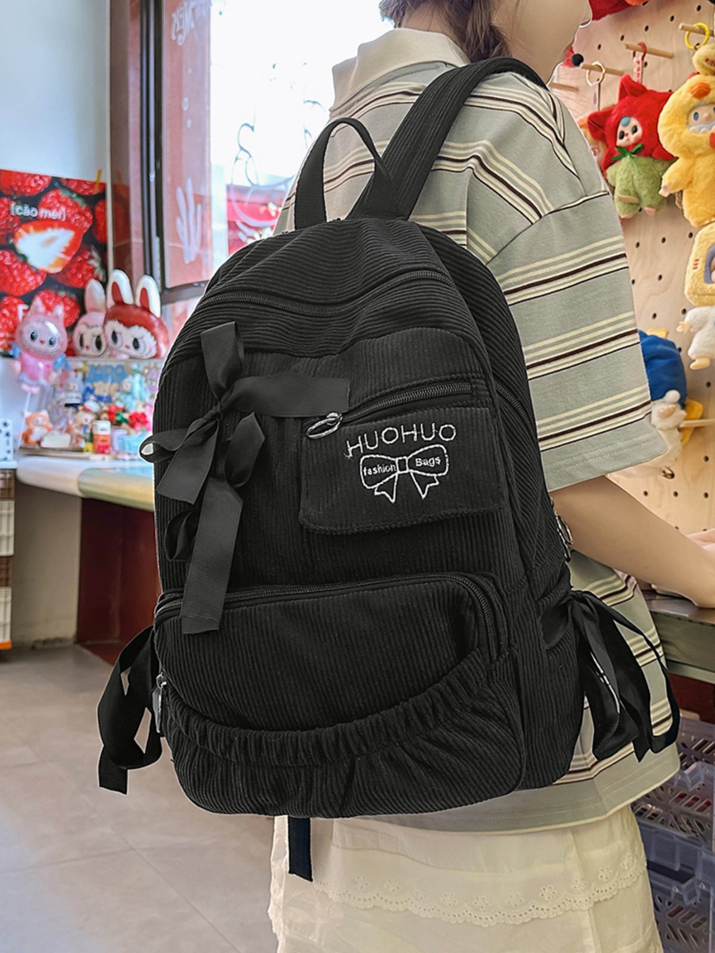 Black Corduroy Bow Backpack