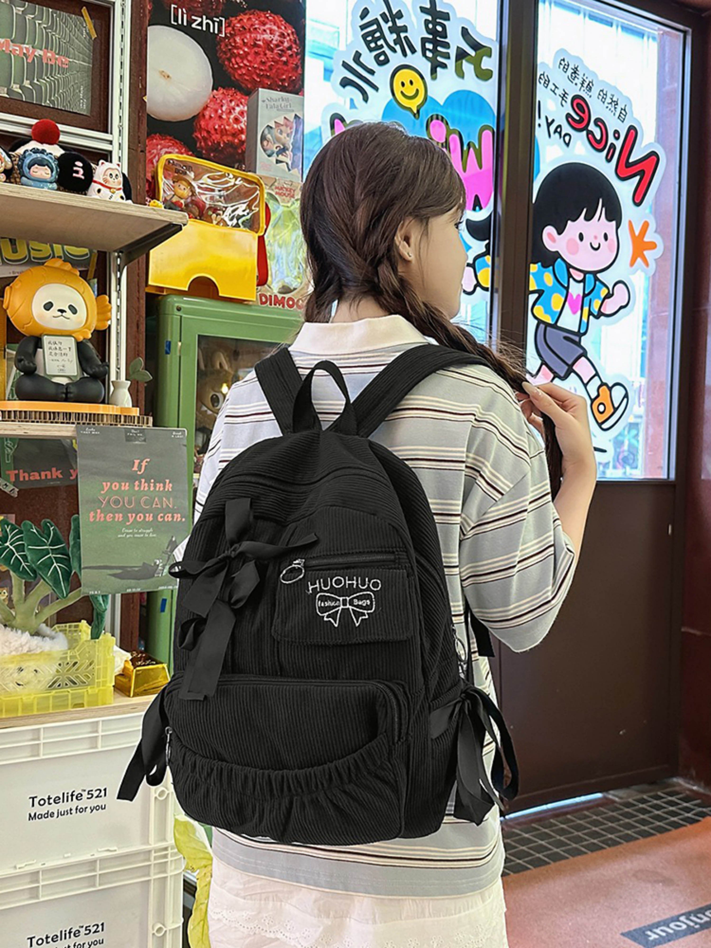 Black Corduroy Bow Backpack
