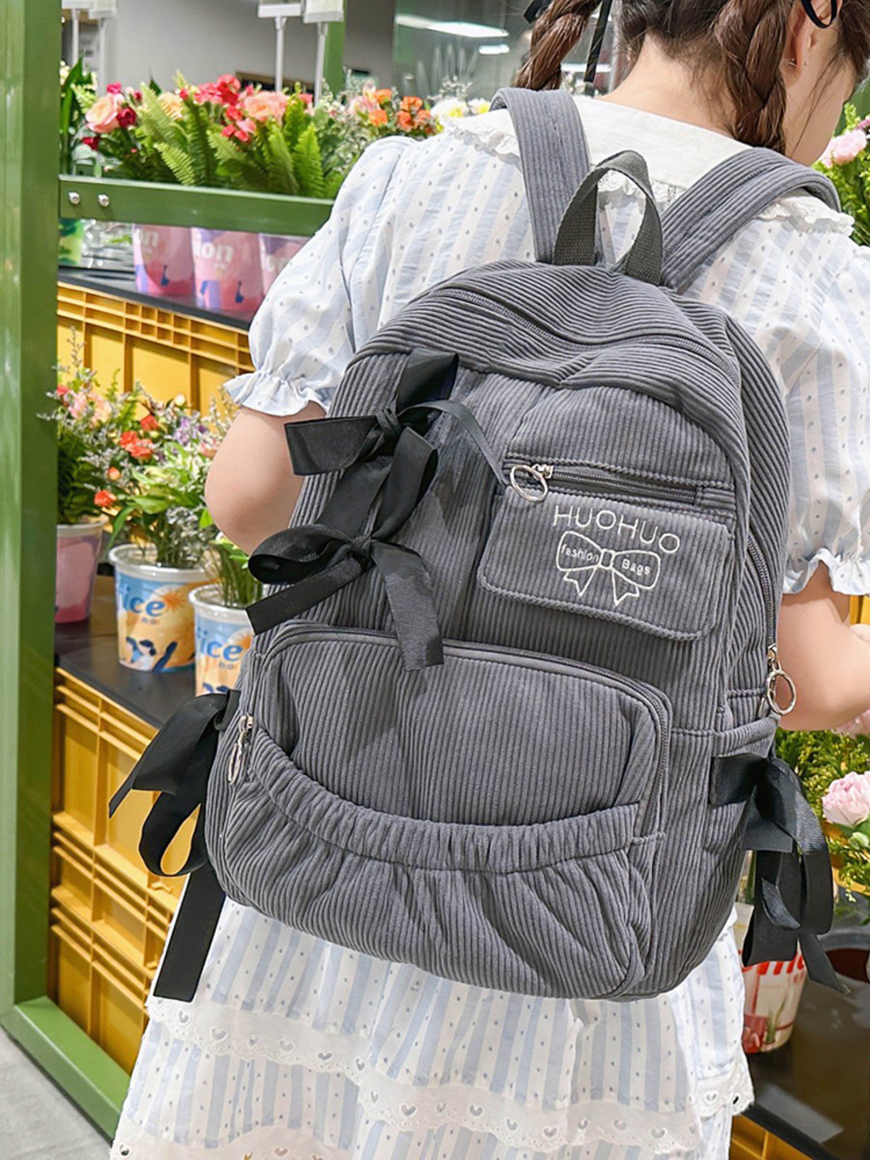 Grey Corduroy Backpack with Bow Accent