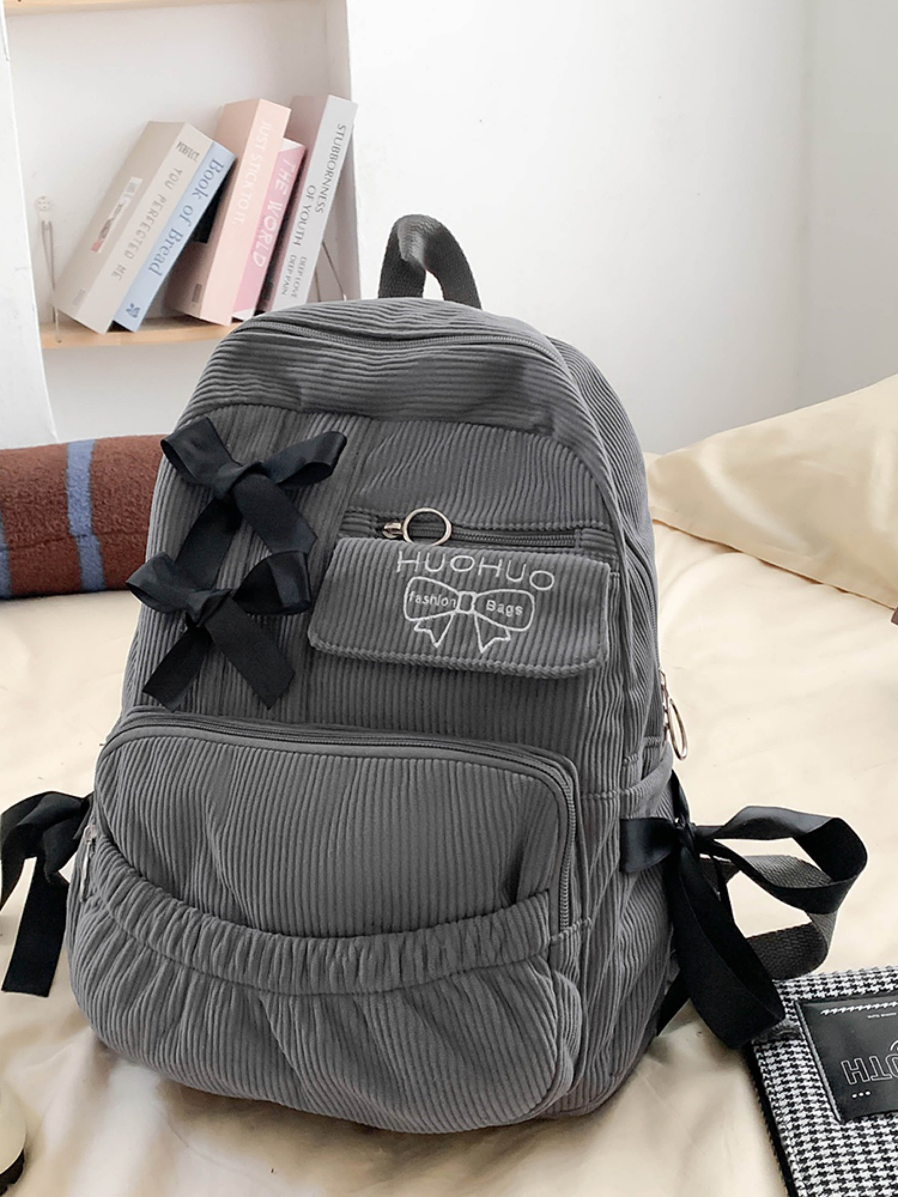 Grey Corduroy Backpack with Bow Accent