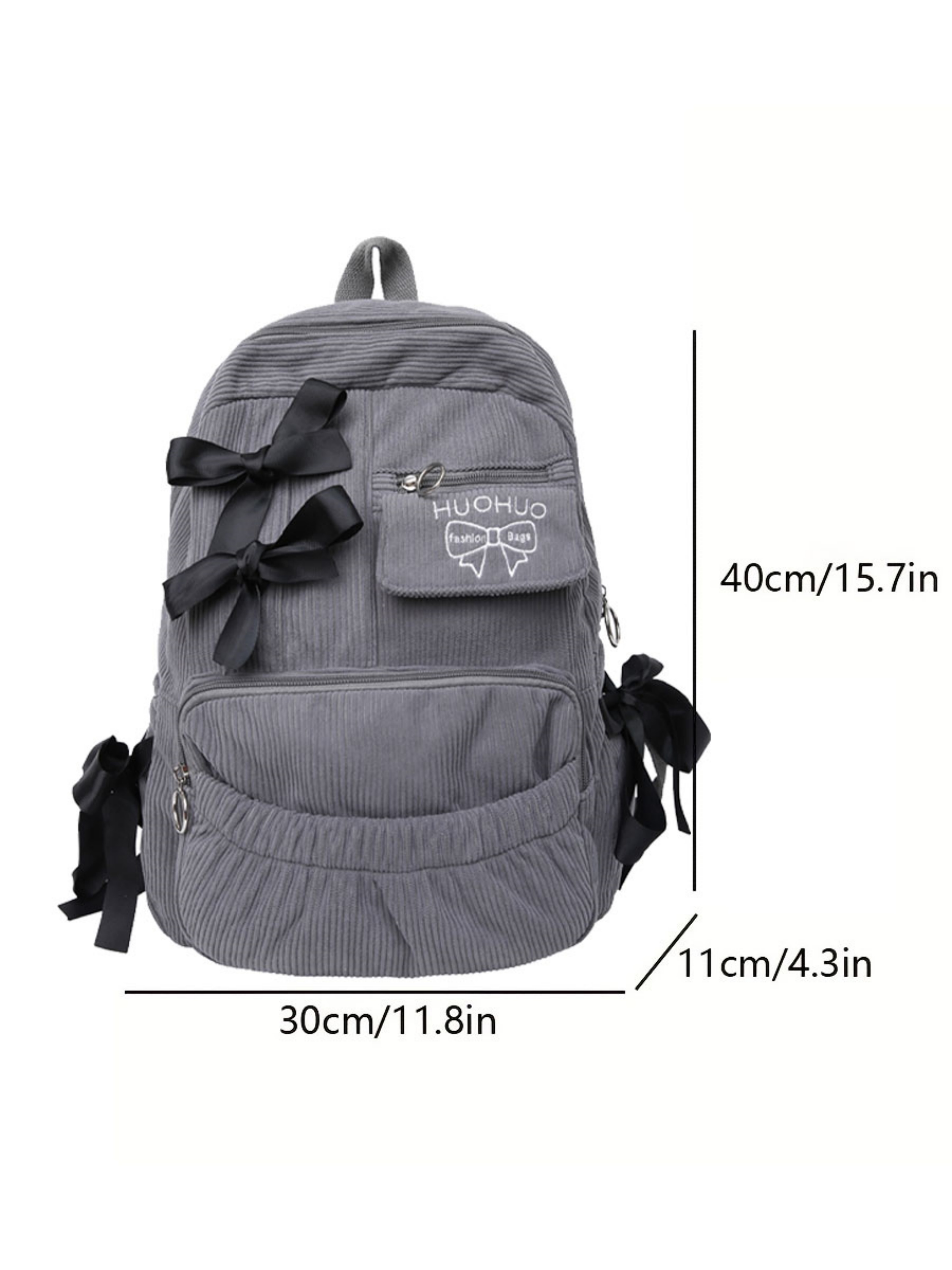Grey Corduroy Backpack with Bow Accent