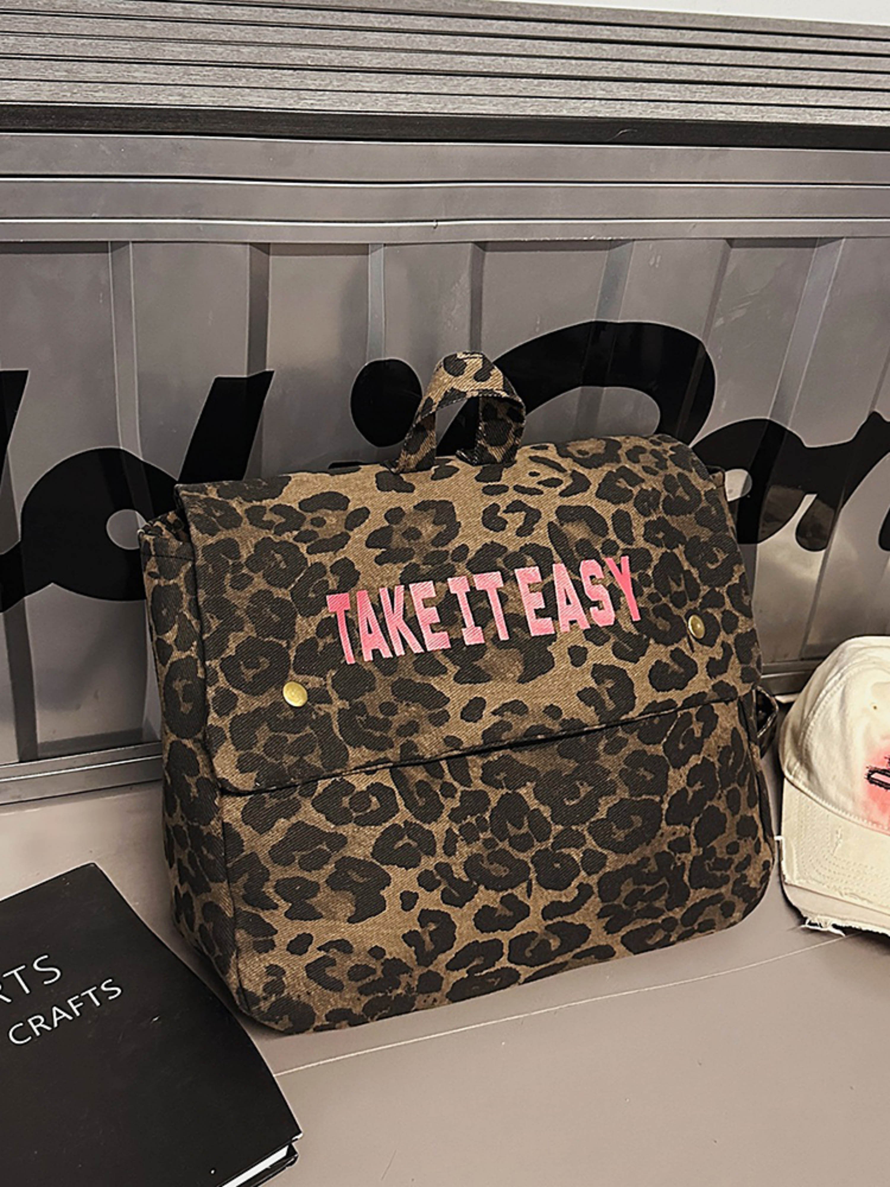 Leopard Print Canvas Backpack with Take It Easy Slogan