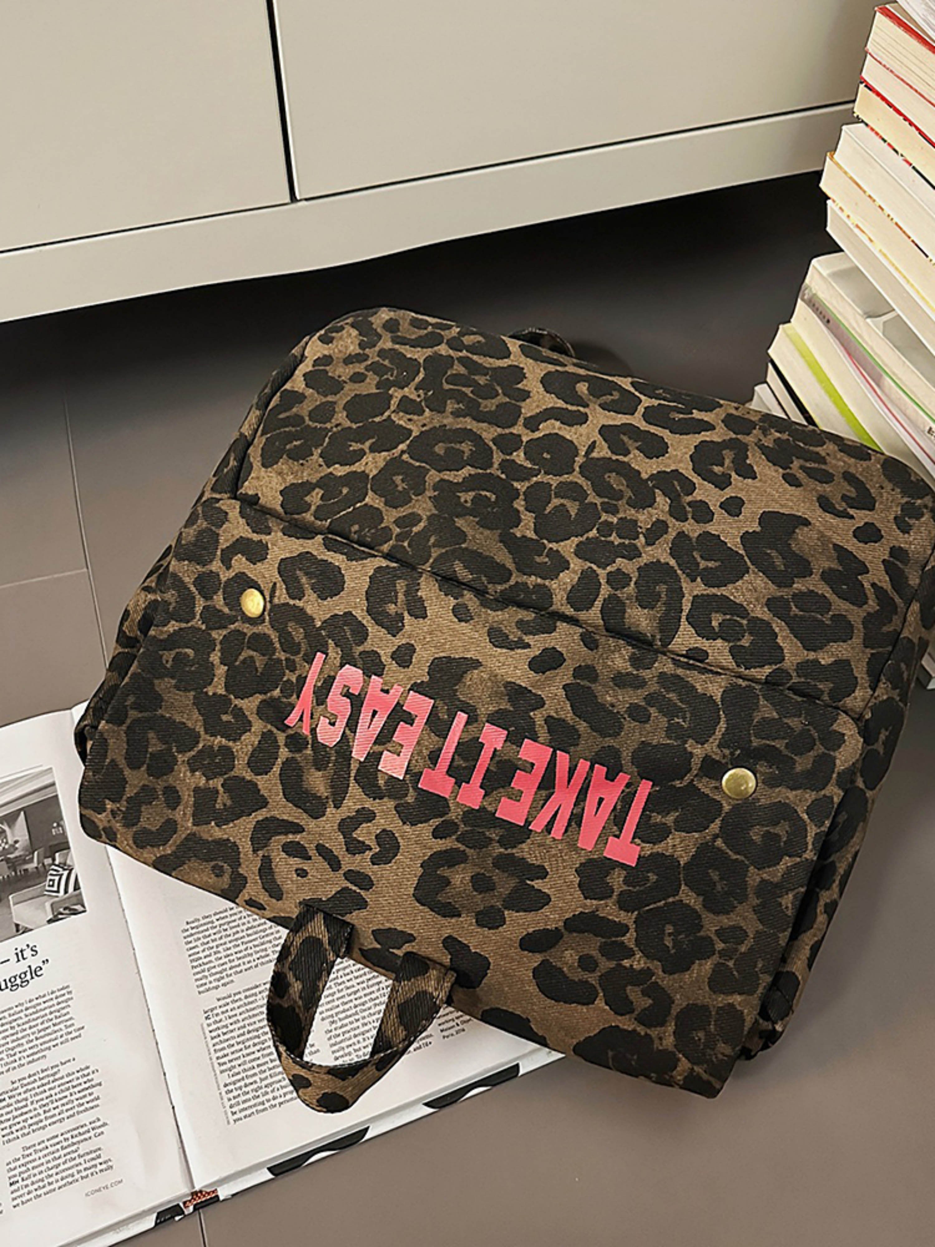 Leopard Print Canvas Backpack with Take It Easy Slogan