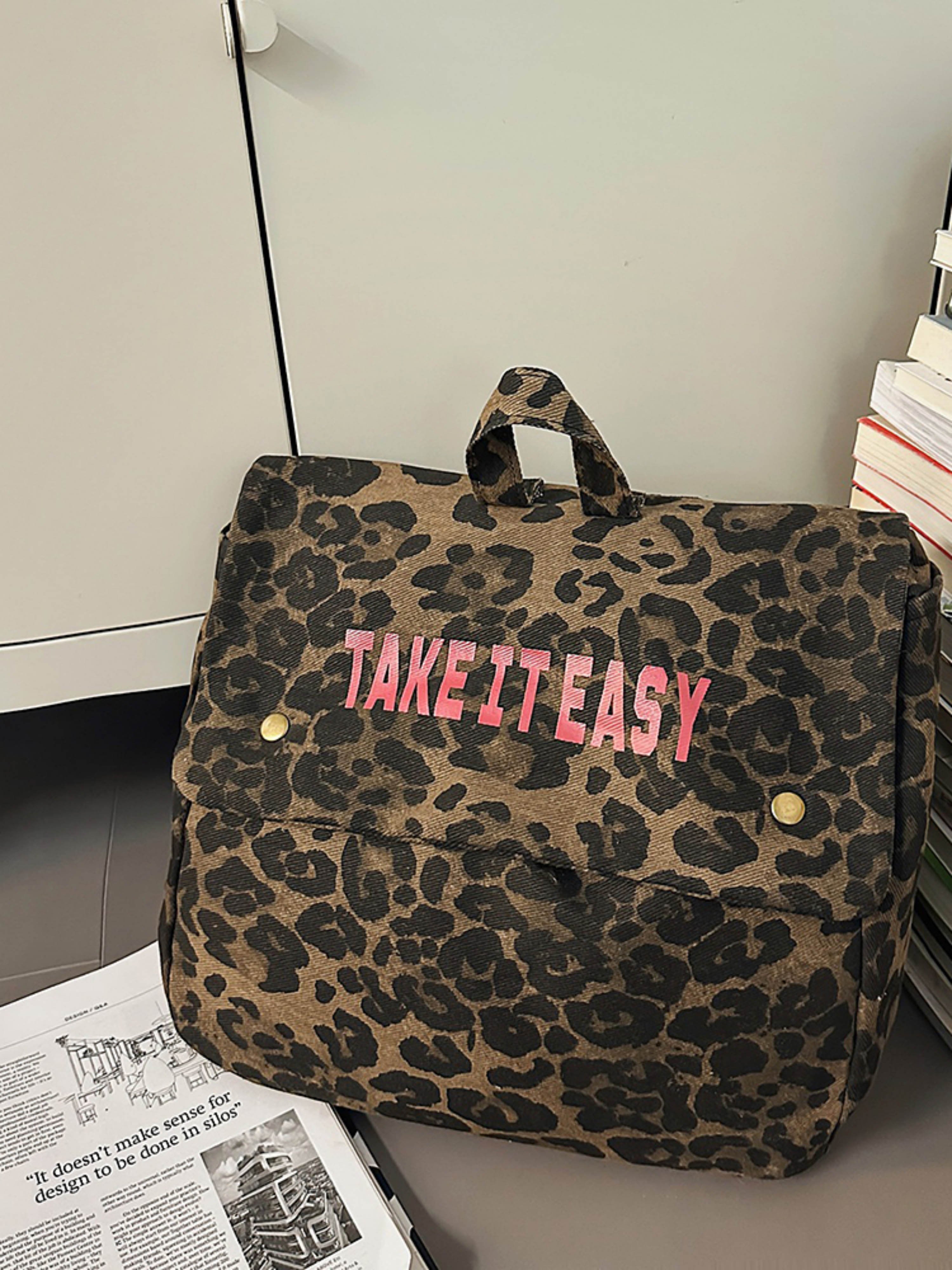 Leopard Print Canvas Backpack with Take It Easy Slogan